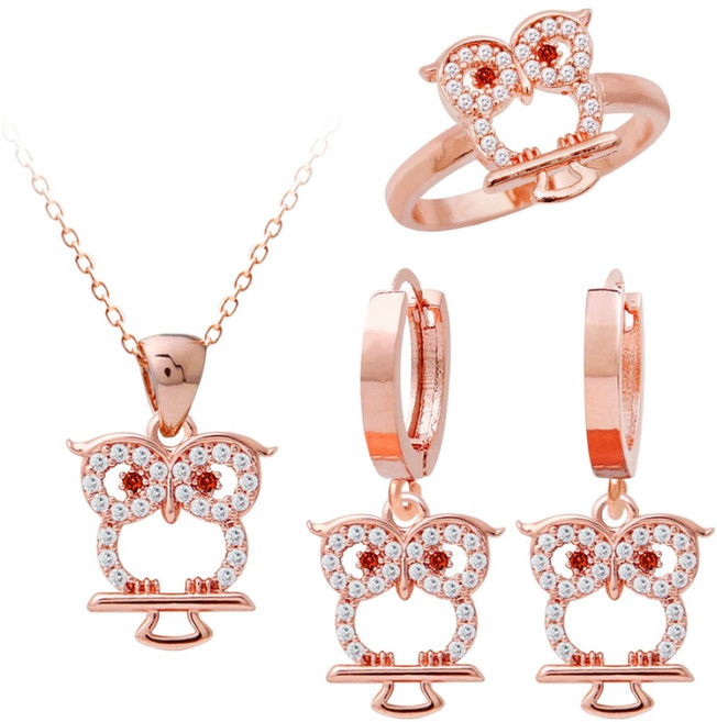 미니아트 여성용 14K 골드핀 부엉이 귀걸이 RS293 + 목걸이 RS294 + 반지 15호 RS392 + 케이스 S132 세트 + 쇼핑백