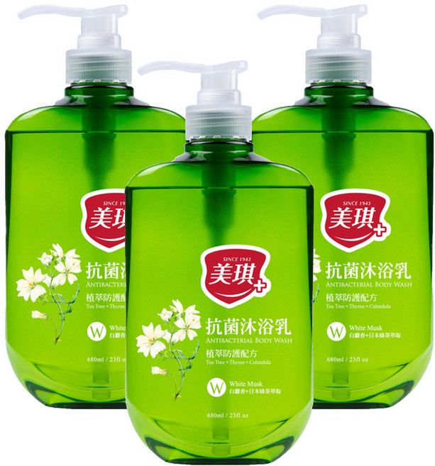 美琪抗菌沐浴乳 白麝香 添加日本綠茶萃取, 680ml, 3瓶