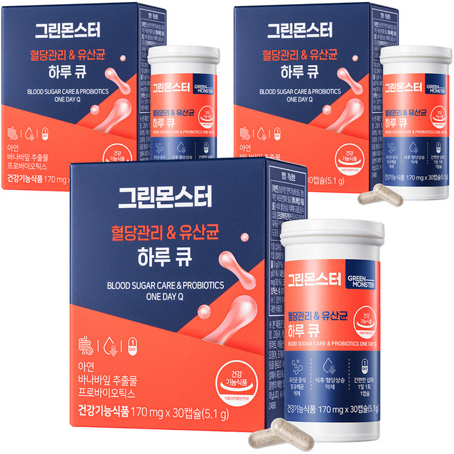 그린몬스터 혈당관리 앤 유산균 하루 큐 5.1g, 3개, 30정