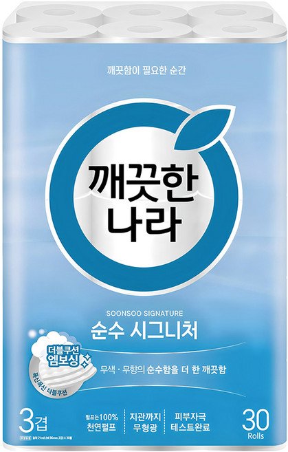 깨끗한나라 순수 시그니처 천연펄프 3겹 롤화장지, 27m, 30롤, 1개