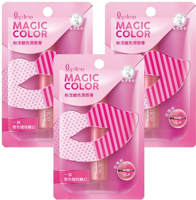 MENTHOLATUM 曼秀雷敦 粉漾變色潤唇膏 玫瑰粉 隨雙唇溫度變化, 2g, 3支