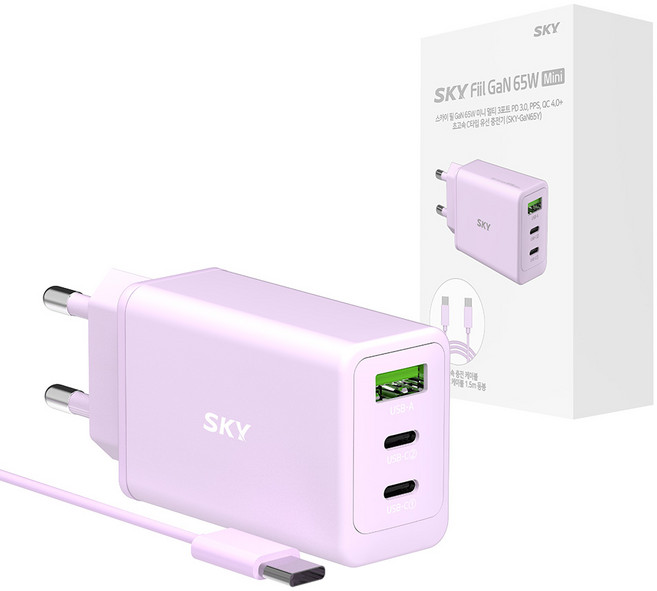 SKY 필 2세대 GaN 65W 미니 3포트 PD3 PPS QC4 플러스 초고속 C타입 멀티 충전기 + 60W C to C 케이블 1.5m 세트, 퍼플, 1개