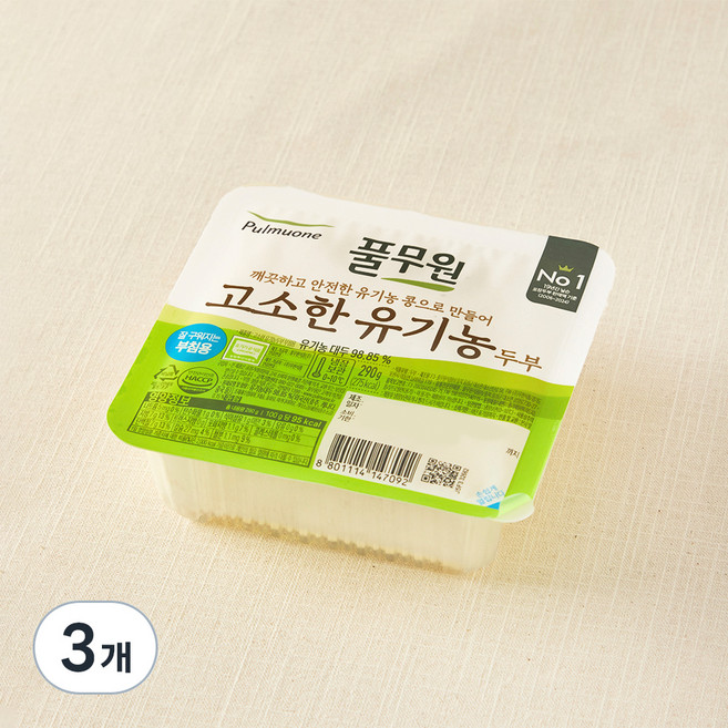 풀무원 고소한 유기농 두부 부침용, 290g, 3개