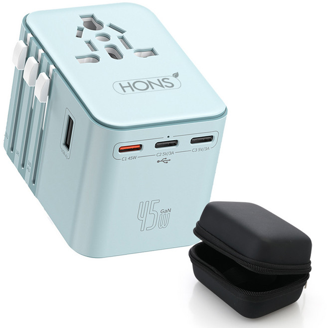 혼스 해외 여행용 멀티 어댑터 PD45W GaN고속 2500W 5구 충전 HSTA-45W5, 스카이블루, 1개