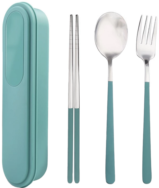 Cooksy 304不鏽鋼環保餐具/高溫耐受便攜式餐具 3件組 21.5 x 5.5 x 3cm, 1組, 叉 + 匙 + 筷, 綠色