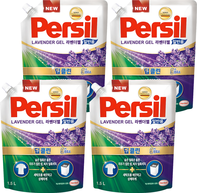 퍼실 딥클린 플러스 액상 세탁세제 라벤더젤 일반용 리필, 1.5L, 4개