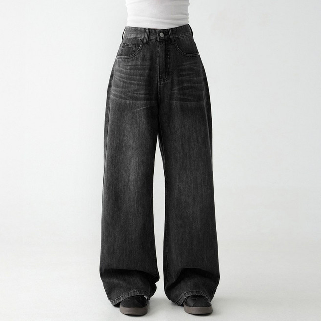 Cotton Closet 女款水洗褲腳按扣寬版牛仔褲