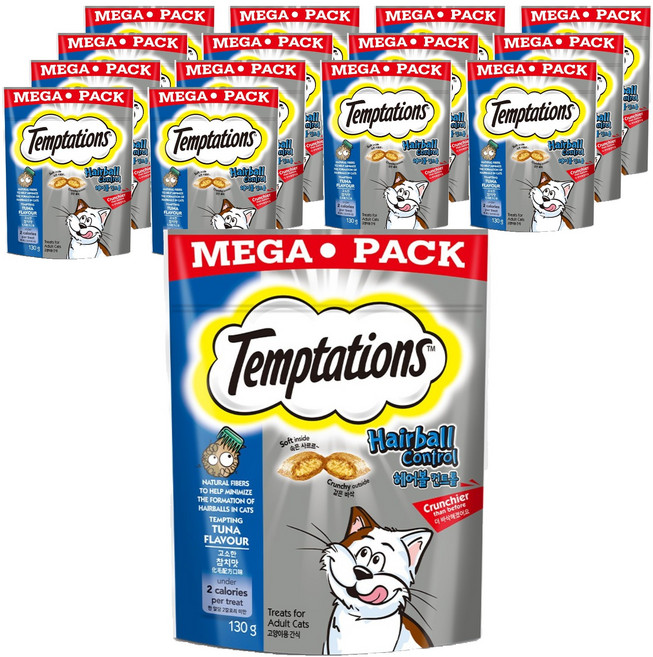 템테이션 고양이 헤어볼 컨트롤 스낵 간식, 고소한 참치맛, 130g, 15개
