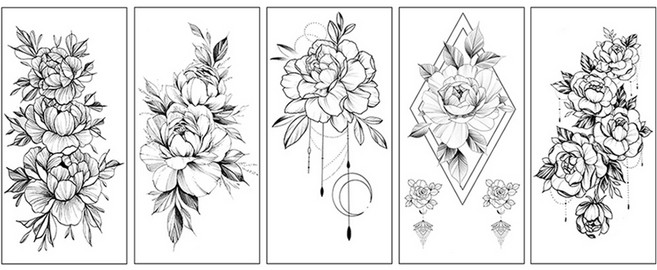 스케치 타투 장미 꽃 흑백 문신 스티커 5종 세트, BK-08, 1세트