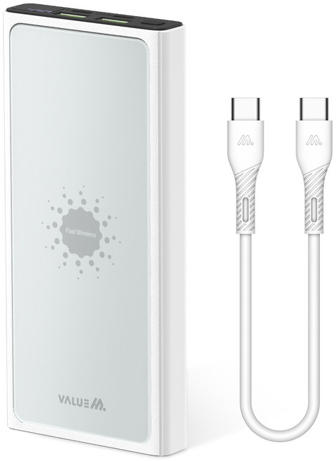 밸류엠 고속 무선충전 PD 보조배터리 10000mAh 22.5W + C to C 케이블 + 흡착패드 세트, 화이트, VM-PA10APQ15W