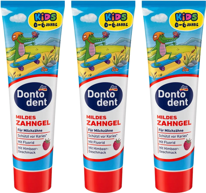 dm Dontodent ZAHNPASTA KINDER BIS 覆盆子兒童牙膏 0~6歲, 3條, 100ml