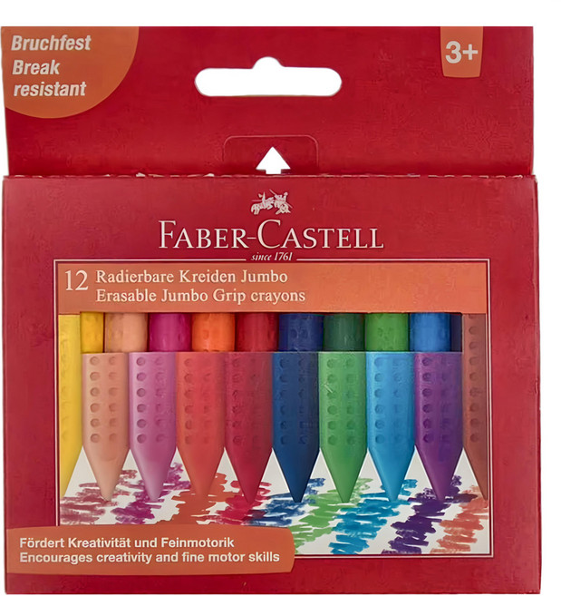 FABER-CASTELL 輝柏 握得住可擦拭大三角粗芯蠟筆, 12色, 1盒