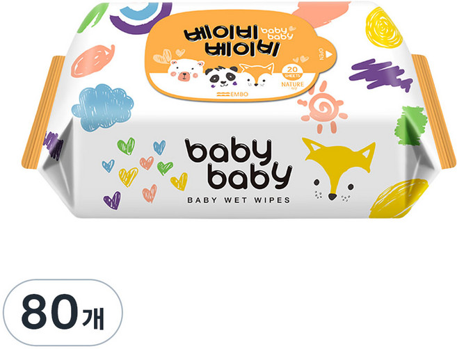 베이비베이비 아기 물티슈 휴대용 리필형, 62g, 20매, 80개