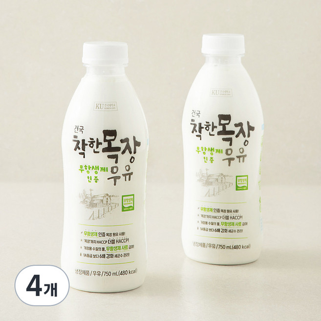 건국유업 무항생제 인증 착한목장 우유, 750ml, 4개