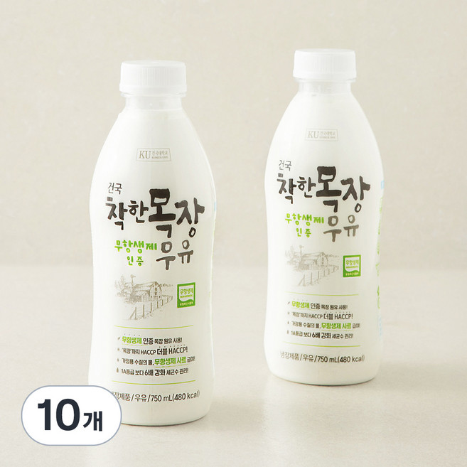 건국유업 무항생제 인증 착한목장 우유, 750ml, 10개