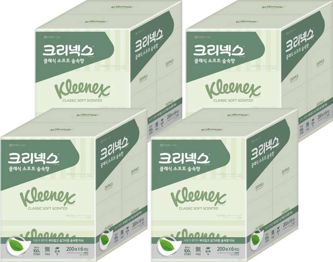 크리넥스 클래식 소프트 숲속향 천연펄프 미용티슈 2겹, 200매, 24개