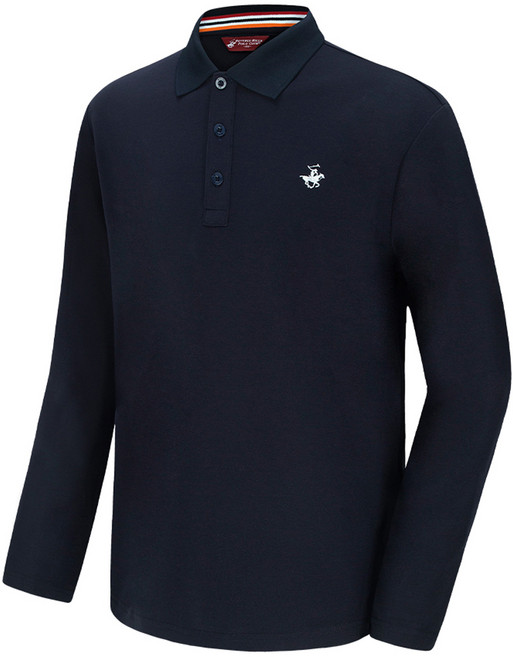 BEVERLY HILLS POLO CLUB 比佛利保羅 男款刺繡標誌撞色布料點綴PK長袖Polo衫 CPY9T71, 海軍藍