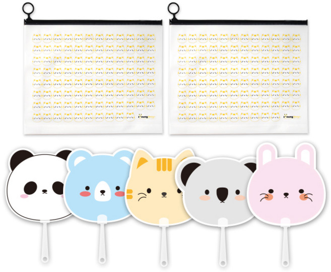 투영디자인 애니멀 프랜즈 부채 5p + 투영 멀티 파우치 라지 2p, 랜덤발송(부채), 옐로우(파우치), 1세트