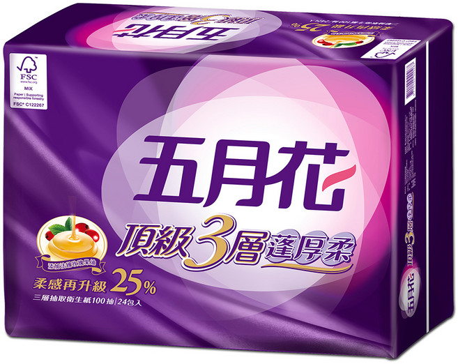 五月花 頂級蓬厚柔三層抽取衛生紙 玫瑰果油, 24包, 1袋