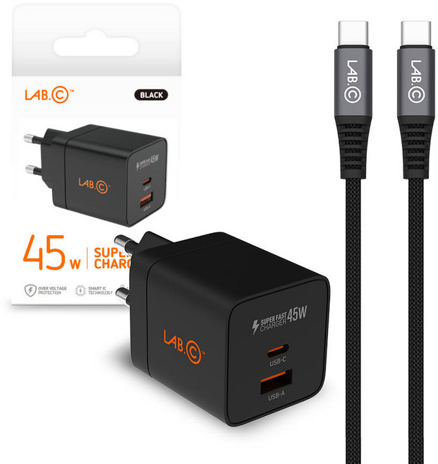 랩씨 45W PD PPS 멀티 2포트 초고속 충전기 + 3m 케이블 세트, 블랙(충전기), 블랙(케이블), 1세트