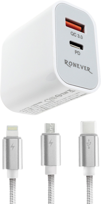 RONEVER 20W PD充電器組 DE040A 充電器59 x 43 x 27mm 45g + 充電線120cm 40g, 白色, 1組