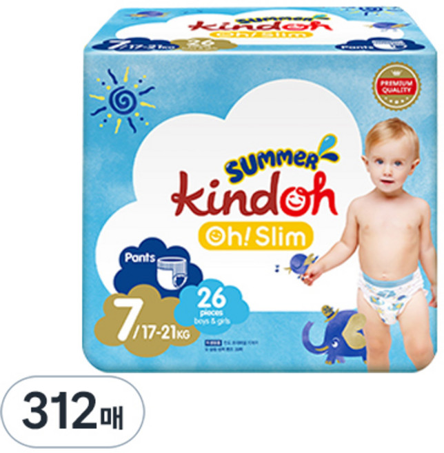 킨도 프리미엄 오 슬림 썸머팬츠 팬티형 기저귀 남여공용, 7단계, 312매