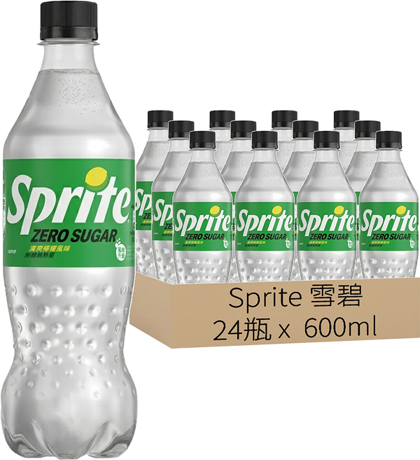 Sprite 雪碧 ZERO SUGAR無糖 清爽檸檬風味, 24瓶, 600ml