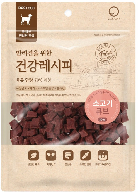굿데이 강아지 건강레시피 간식, 소고기 큐브, 300g, 1개