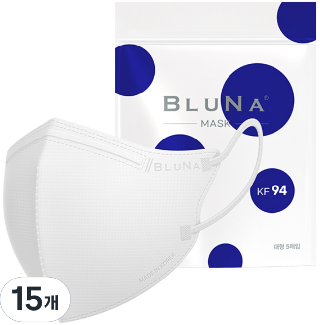 블루나 숨편한 새부리형 황사방역 마스크 대형 KF94, 5매입, 15개, 화이트