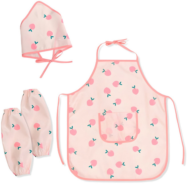 리틀래빗 아동용 어린이집 활동 앞치마 + 두건 + 토시 세트, 핑크
