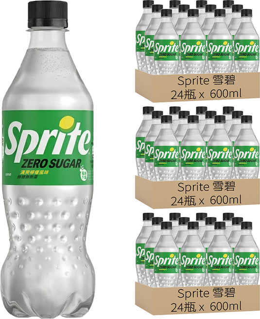 Sprite 雪碧 ZERO SUGAR無糖 清爽檸檬風味, 72瓶, 600ml