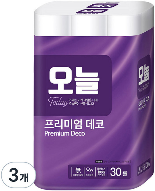 오늘 프리미엄 3겹 데코 화장지, 30m, 30개입, 3개