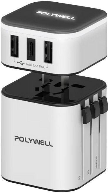 POLYWELL 寶利威爾 多國旅行充電器 轉接頭 PW15-T05-A054 白色, 1個