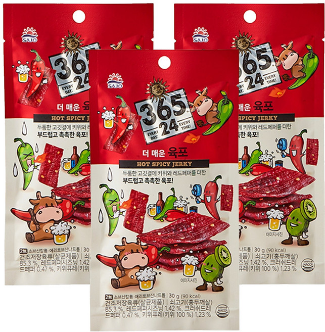 삼육오점이사 해표 365 24 더 매운 육포, 30g, 3개