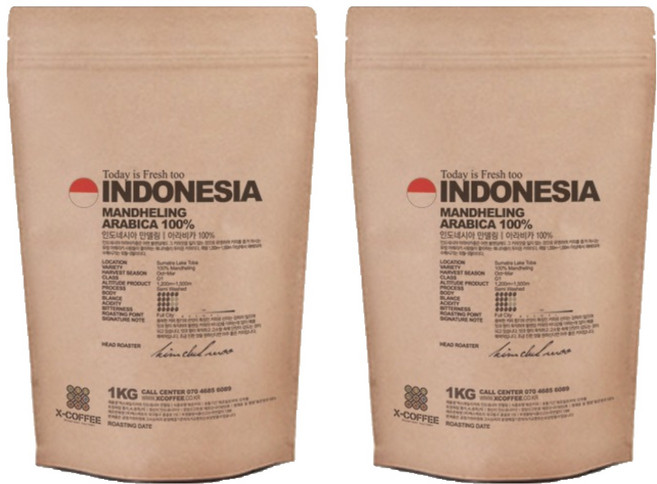 엑스데일리커피 인도네시아만델링 원두커피, 1kg, 홀빈(분쇄안함), 2개