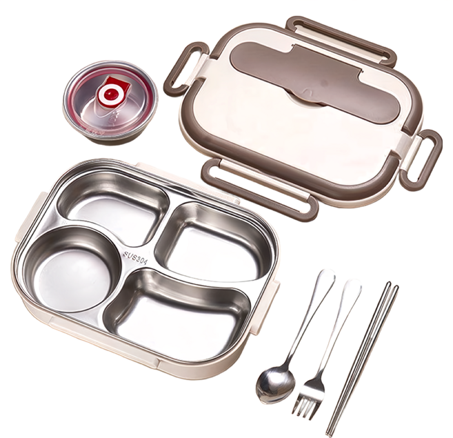 Cooksy 304不鏽鋼多格保溫便當盒/防漏密封手提餐盒 4格 附餐具 + 湯碗, 米白色, 1個