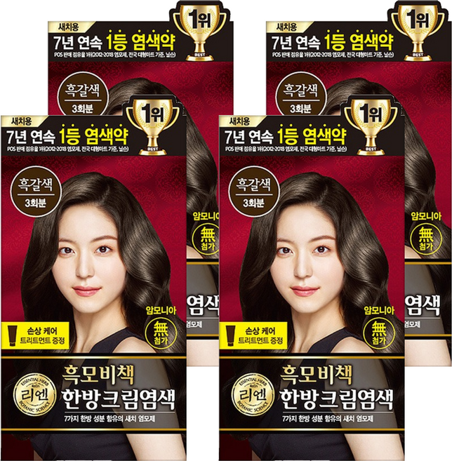 리엔 흑모비책 새치염색크림 한방염모제, 흑갈색, 4개
