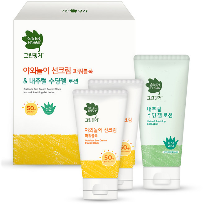 그린핑거 야외놀이 선크림 파워블록 SPF50+ PA++++ 80ml 2p + 내추럴 수딩 젤 로션 100ml, 1세트