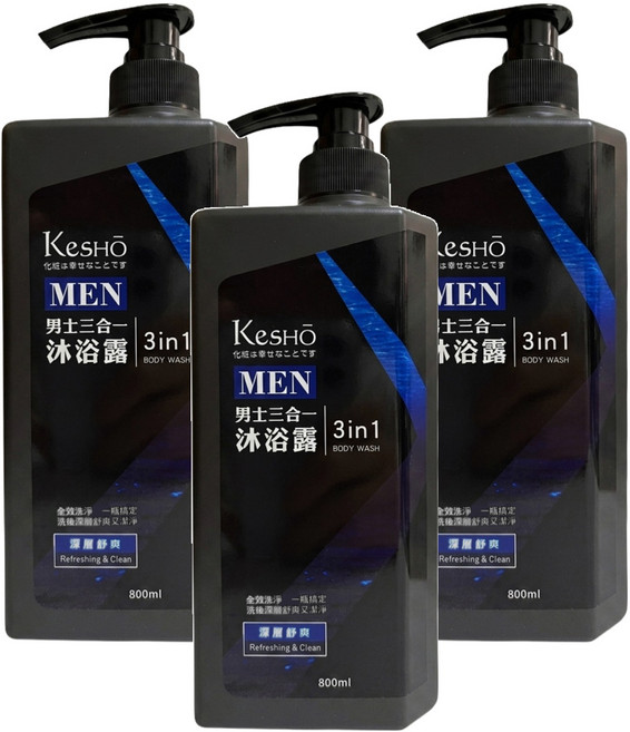 KeSHO 男士三合一沐浴露 深層舒爽, 800ml, 3瓶