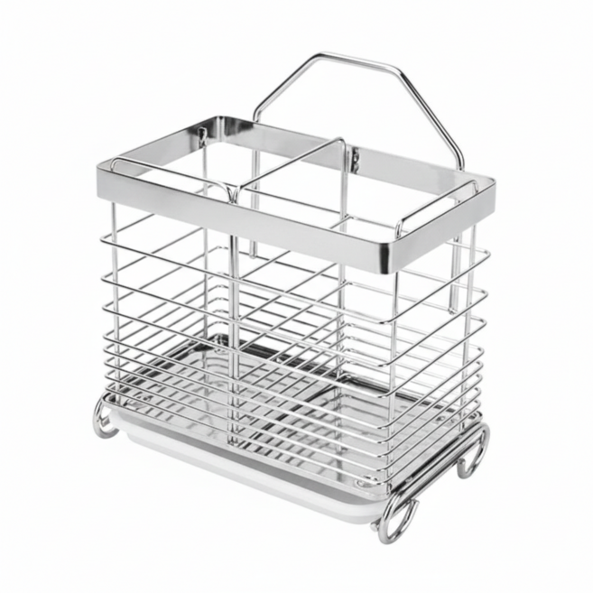 304不鏽鋼 餐具分隔收納桶 2格款 附瀝水盤 16.5 x 10.5 x 17cm, 1個