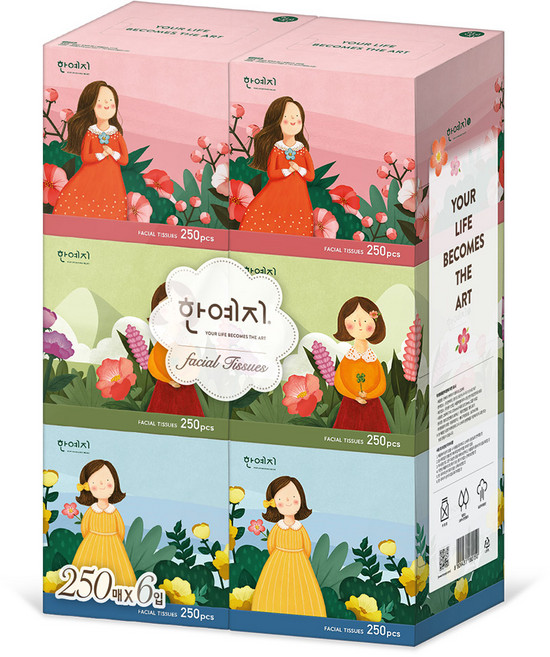 한예지 캐릭터 미니 천연펄프 미용티슈 2겹, 250매, 6개