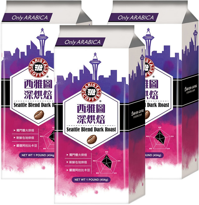 BARISTA COFFEE 西雅圖 深烘焙綜合咖啡豆, 咖啡豆(無研磨), 454g, 3包