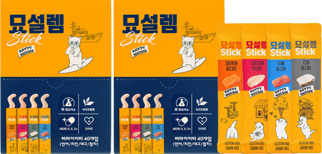 페슬러 고양이 묘설렘 스틱 버라이어티 40p, 2개, 400g, 혼합맛(연어/치킨/대구/참치)
