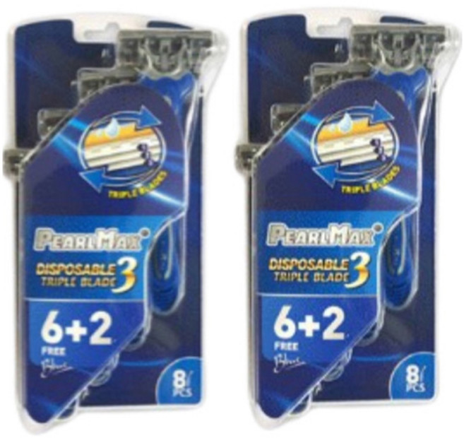 PearlMax 3단 블레이드 일회용면도기 블루, 2개, 8개입