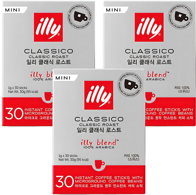 일리 클라시코 클래식 로스트 미니 원두 인스턴트 커피 스틱, 30개입, 3개, 1g