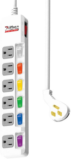 iPlus 保護傘 7切6座扁插延長線 3孔 PU-3765, 1條, 1.8m, 白色