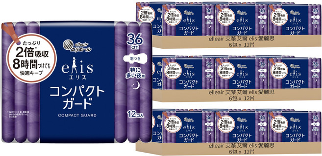 elleair 艾黎艾爾 elis 愛麗思 日本原裝進口 極致薄衛生棉 護翼型, 18包, 12片, 夜用量多加長型(36cm)