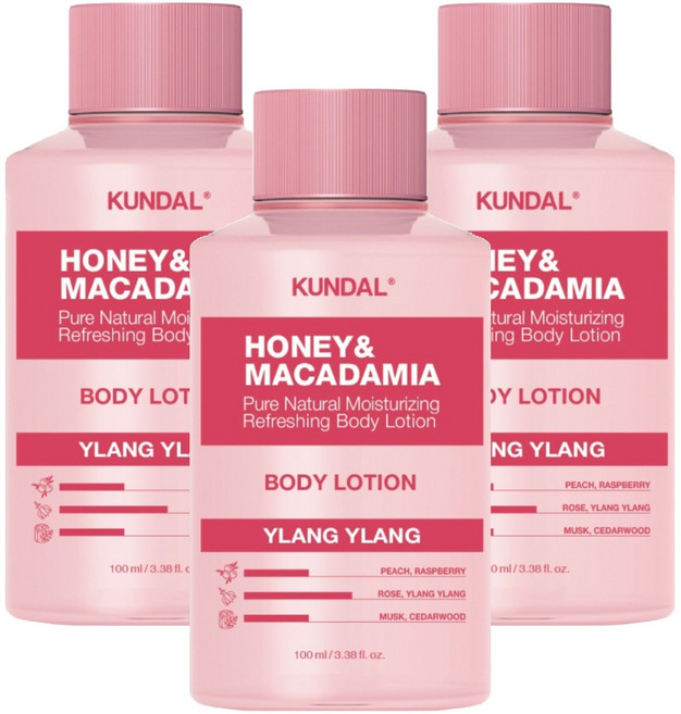 쿤달 허니 앤 마카다미아 퓨어 바디로션 미니어처 일랑일랑향, 100ml, 3개