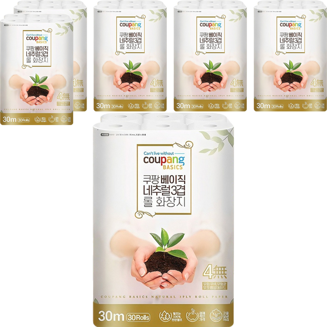 Coupang Basics Natural 3層天然紙漿捲筒衛生紙, 30m, 30捲, 6袋