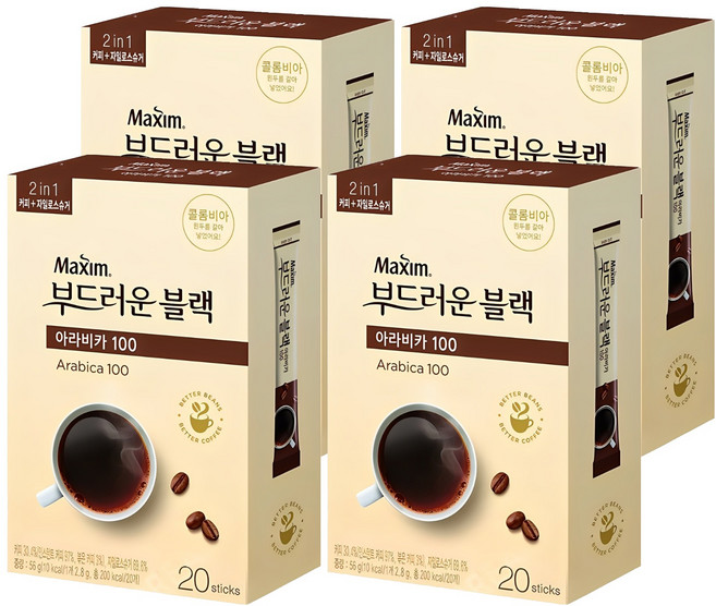 맥심 부드러운 블랙 아라비카100 원두커피믹스, 2.8g, 20개입, 4개